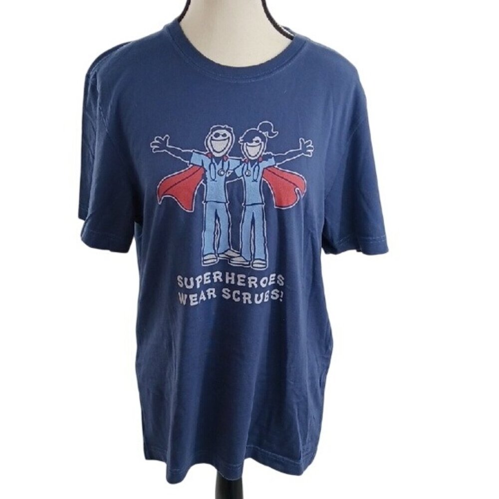 Life is Good T Shirt Mens S Blue Superheroes Wear Scrubs Medical Nurse Doctor